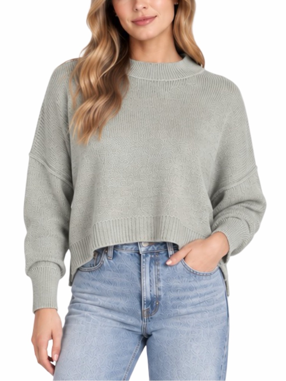 Self Contrast x Anthropologie MockNeck Boxy Sweater - Size Medium - Gray-Green